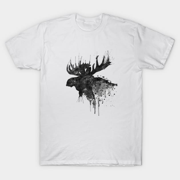 Black and White Moose Head Watercolor Silhouette T-Shirt by Marian Voicu